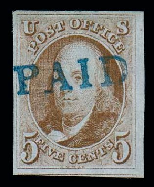 Value of US Stamp Scott Cat. #1: 1847 5c Franklin. Matthew Bennett International, Dec 2007, Sale 323, Lot 17