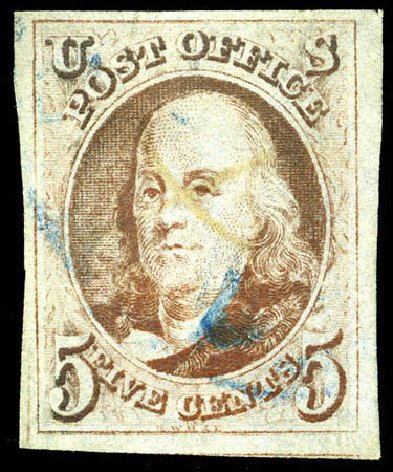 US Stamp Prices Scott Catalog #1 - 5c 1847 Franklin. Matthew Bennett International, Jun 2008, Sale 328, Lot 437