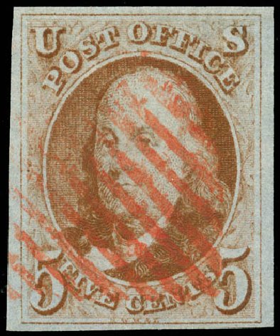 US Stamp Price Scott #1 - 5c 1847 Franklin. Matthew Bennett International, Jun 2008, Sale 328, Lot 447