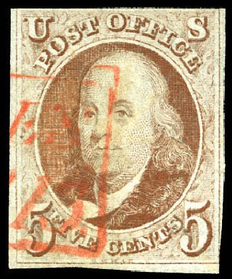 Price of US Stamp Scott Catalog #1 - 5c 1847 Franklin. Matthew Bennett International, Dec 2008, Sale 330, Lot 1307