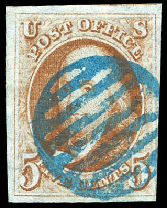 Costs of US Stamp Scott #1 - 1847 5c Franklin. Matthew Bennett International, Dec 2008, Sale 330, Lot 1317