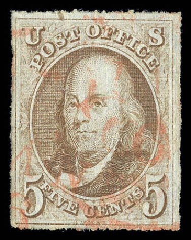 Value of US Stamps Scott Catalogue #1 - 1847 5c Franklin. Matthew Bennett International, Sep 2010, Sale 333, Lot 3237