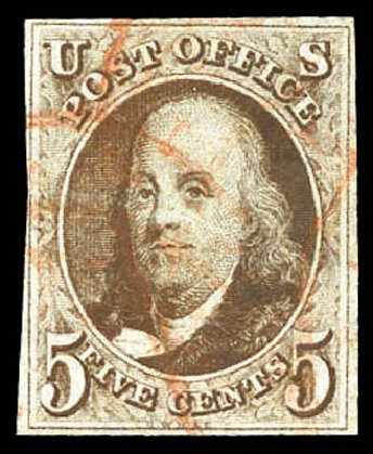 US Stamp Values Scott Catalog #1 - 1847 5c Franklin. Matthew Bennett International, Mar 2011, Sale 337, Lot 2427