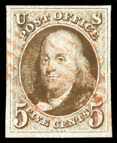 Value of US Stamps Scott 1 - 1847 5c Franklin. Matthew Bennett International, Feb 2012, Sale 340, Lot 27