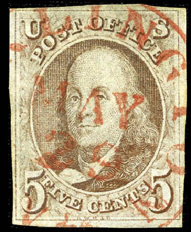 Costs of US Stamps Scott Catalog 1 - 1847 5c Franklin. Matthew Bennett International, Feb 2012, Sale 340, Lot 37