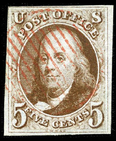 Cost of US Stamps Scott Cat. # 1: 5c 1847 Franklin. Matthew Bennett International, Mar 2012, Sale 344, Lot 4177