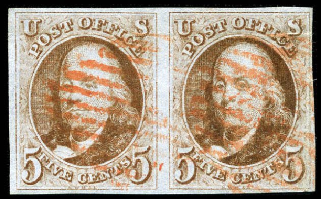 Prices of US Stamps Scott Catalog 1: 5c 1847 Franklin. Matthew Bennett International, Mar 2012, Sale 344, Lot 4187