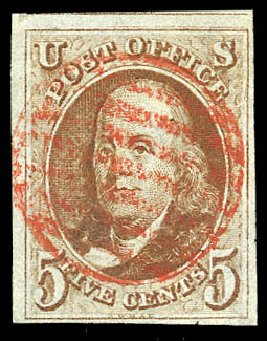 Value of US Stamp Scott Catalogue # 1: 1847 5c Franklin. Matthew Bennett International, Feb 2015, Sale 351, Lot 7