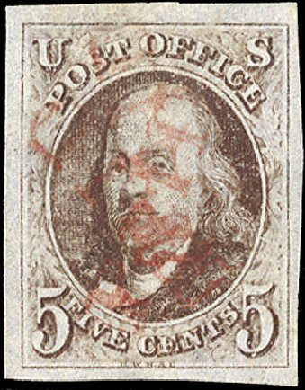 US Stamps Value Scott Cat. 1 - 1847 5c Franklin. Cherrystone Auctions, Jan 2009, Sale 200901, Lot 7