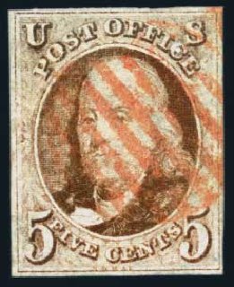 Values of US Stamps Scott Catalogue #1 - 1847 5c Franklin. Harmer-Schau Auction Galleries, Aug 2014, Sale 102, Lot 1597