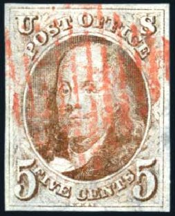 US Stamp Values Scott 1: 5c 1847 Franklin. Harmer-Schau Auction Galleries, Jun 2008, Sale 78, Lot 1217