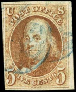 Values of US Stamps Scott Catalog #1: 5c 1847 Franklin. Harmer-Schau Auction Galleries, Feb 2012, Sale 92, Lot 747