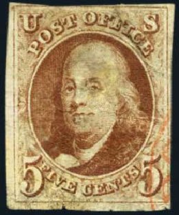 US Stamp Value Scott Cat. #1 - 1847 5c Franklin. Harmer-Schau Auction Galleries, May 2013, Sale 97, Lot 317