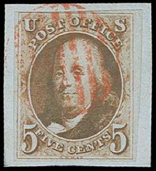 Prices of US Stamp Scott #1: 1847 5c Franklin. H.R. Harmer, Jun 2015, Sale 3007, Lot 3087