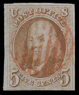 US Stamps Value Scott Catalogue # 1: 1847 5c Franklin. Daniel Kelleher Auctions, Jun 2012, Sale 630, Lot 1197