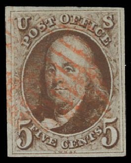 Prices of US Stamps Scott 1 - 5c 1847 Franklin. Daniel Kelleher Auctions, Aug 2012, Sale 631, Lot 647