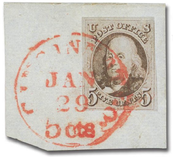 Cost of US Stamp Scott Cat. 1: 5c 1847 Franklin. Daniel Kelleher Auctions, Oct 2012, Sale 632, Lot 917