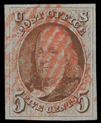 Value of US Stamp Scott Catalogue # 1: 1847 5c Franklin. Daniel Kelleher Auctions, Feb 2013, Sale 634, Lot 507