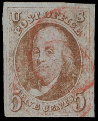 Values of US Stamp Scott # 1: 5c 1847 Franklin. Daniel Kelleher Auctions, Feb 2013, Sale 634, Lot 517
