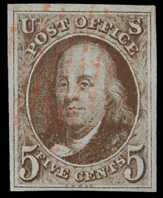 Cost of US Stamps Scott Catalog # 1: 1847 5c Franklin. Daniel Kelleher Auctions, Feb 2013, Sale 634, Lot 537