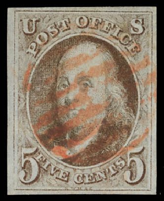 US Stamps Value Scott Catalogue #1 - 5c 1847 Franklin. Daniel Kelleher Auctions, Feb 2013, Sale 634, Lot 547