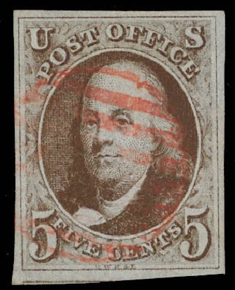 US Stamps Price Scott Catalog #1 - 1847 5c Franklin. Daniel Kelleher Auctions, Feb 2013, Sale 634, Lot 557