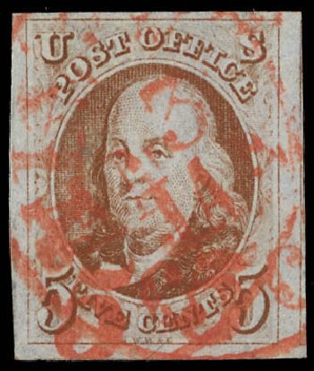 Cost of US Stamp Scott Catalogue # 1: 1847 5c Franklin. Daniel Kelleher Auctions, Feb 2013, Sale 634, Lot 707