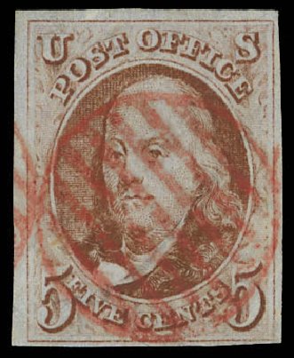 US Stamp Values Scott # 1 - 1847 5c Franklin. Daniel Kelleher Auctions, Feb 2013, Sale 634, Lot 717