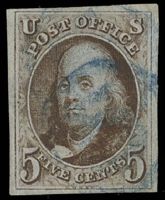 Values of US Stamp Scott Catalog 1: 1847 5c Franklin. Daniel Kelleher Auctions, Feb 2013, Sale 634, Lot 727