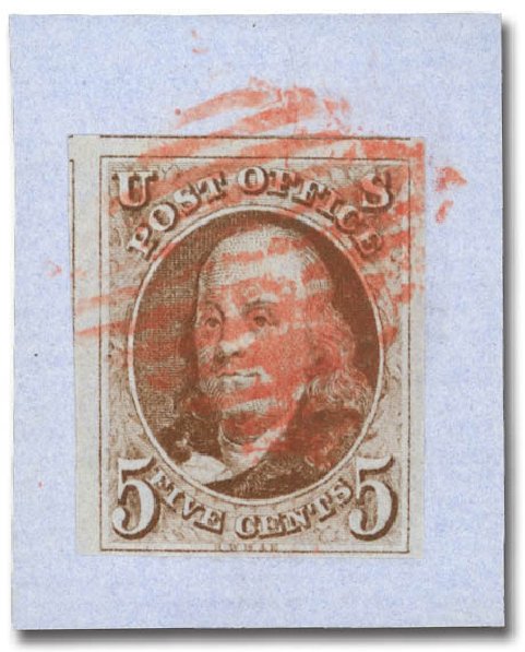 Value of US Stamp Scott Cat. #1: 5c 1847 Franklin. Daniel Kelleher Auctions, Feb 2013, Sale 634, Lot 787