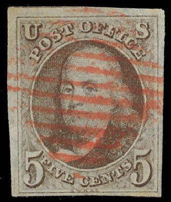Price of US Stamps Scott Catalogue 1: 5c 1847 Franklin. Daniel Kelleher Auctions, Feb 2013, Sale 634, Lot 797