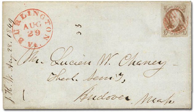 Values of US Stamp Scott Catalog # 1: 5c 1847 Franklin. Daniel Kelleher Auctions, Feb 2013, Sale 634, Lot 827