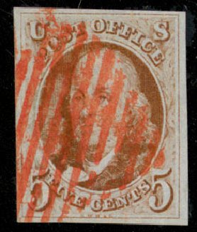 Cost of US Stamps Scott Catalogue 1 - 5c 1847 Franklin. Daniel Kelleher Auctions, Mar 2013, Sale 635, Lot 267