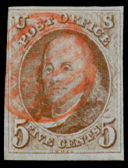 Costs of US Stamps Scott Catalog #1 - 1847 5c Franklin. Daniel Kelleher Auctions, Sep 2013, Sale 639, Lot 3057