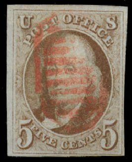US Stamp Price Scott Catalogue #1: 1847 5c Franklin. Daniel Kelleher Auctions, May 2014, Sale 652, Lot 27