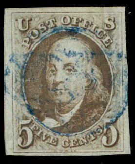US Stamp Value Scott Catalogue # 1: 1847 5c Franklin. Daniel Kelleher Auctions, Sep 2014, Sale 655, Lot 127