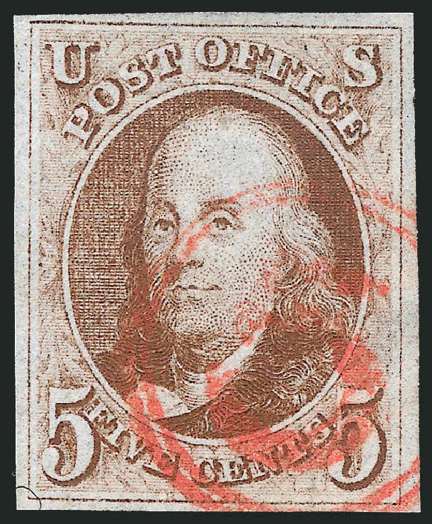 US Stamps Values Scott # 1: 5c 1847 Franklin. Robert Siegel Auction Galleries, Dec 2011, Sale 1017, Lot 47