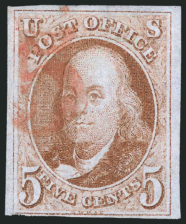 US Stamp Values Scott Cat. 1: 1847 5c Franklin. Robert Siegel Auction Galleries, Mar 2012, Sale 1021, Lot 107