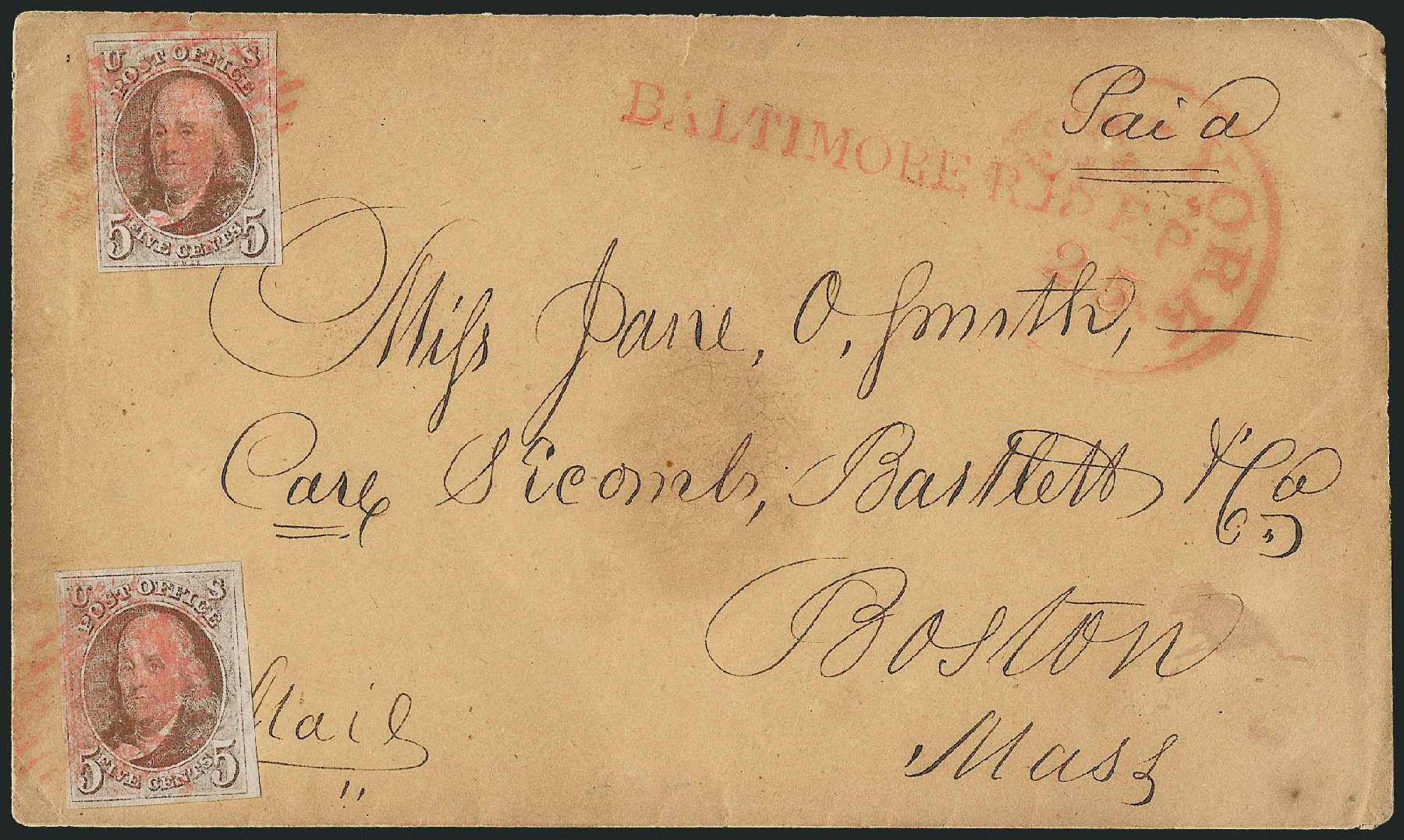 Value of US Stamp Scott Catalog #1: 1847 5c Franklin. Robert Siegel Auction Galleries, Apr 2012, Sale 1023, Lot 2377