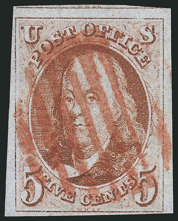 Value of US Stamp Scott Catalogue # 1: 5c 1847 Franklin. Robert Siegel Auction Galleries, Jul 2013, Sale 1050, Lot 47