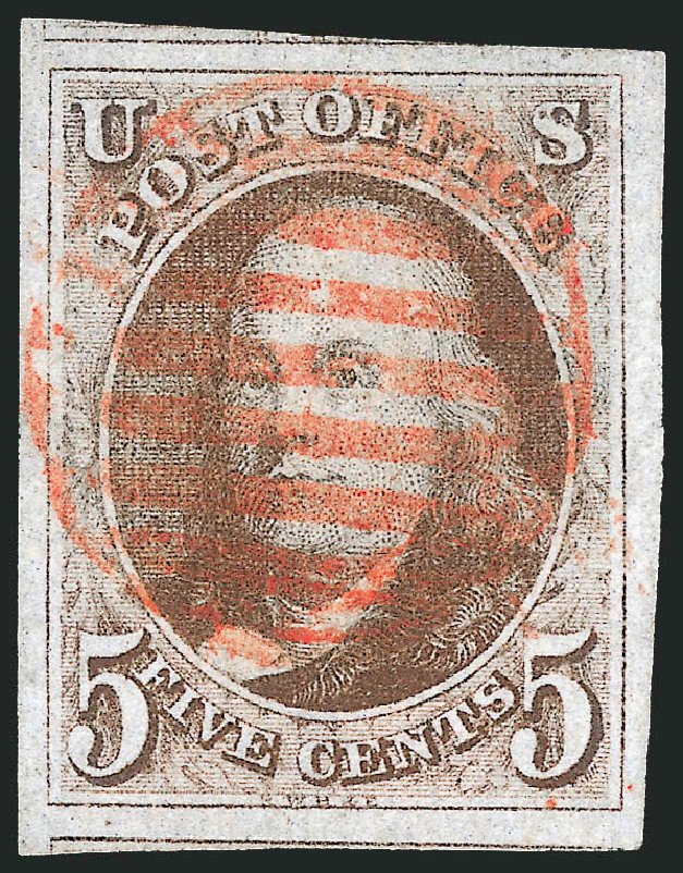 Value of US Stamp Scott Catalog # 1: 5c 1847 Franklin. Robert Siegel Auction Galleries, Dec 2013, Sale 1062, Lot 27