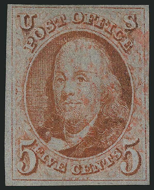 Cost of US Stamp Scott Catalogue 1: 1847 5c Franklin. Robert Siegel Auction Galleries, Jul 2014, Sale 1077, Lot 37