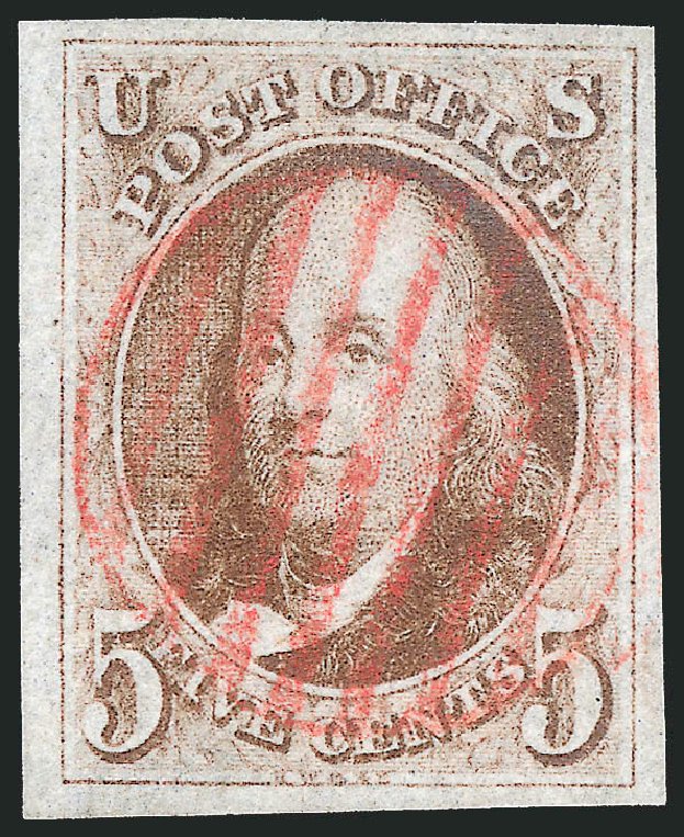 US Stamp Values Scott 1 - 5c 1847 Franklin. Robert Siegel Auction Galleries, Sep 2014, Sale 1078, Lot 27
