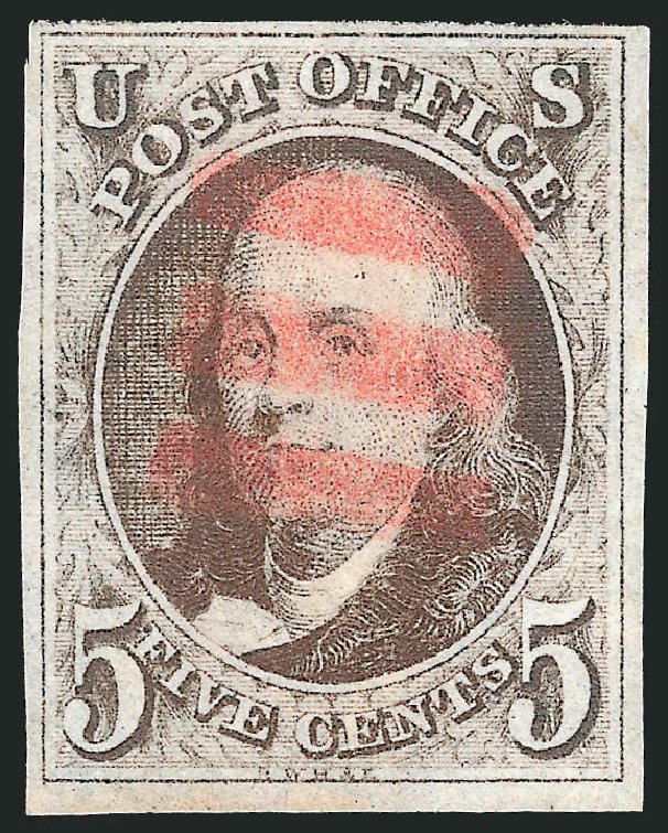 Values of US Stamps Scott Catalog # 1: 5c 1847 Franklin. Robert Siegel Auction Galleries, Jul 2015, Sale 1107, Lot 17