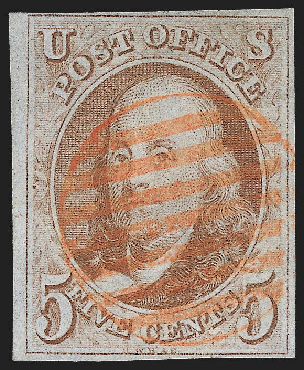 Values of US Stamps Scott Cat. 1 - 1847 5c Franklin. Robert Siegel Auction Galleries, Jul 2015, Sale 1107, Lot 27