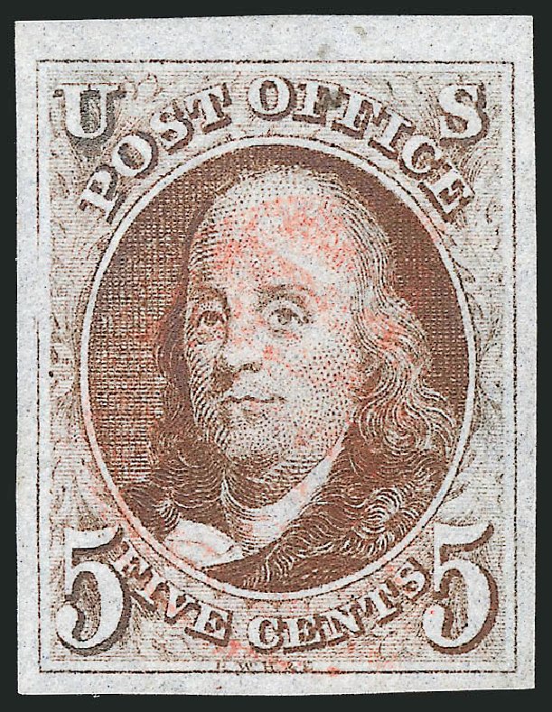 US Stamp Value Scott Catalogue #1 - 5c 1847 Franklin. Robert Siegel Auction Galleries, Sep 2010, Sale 993, Lot 137