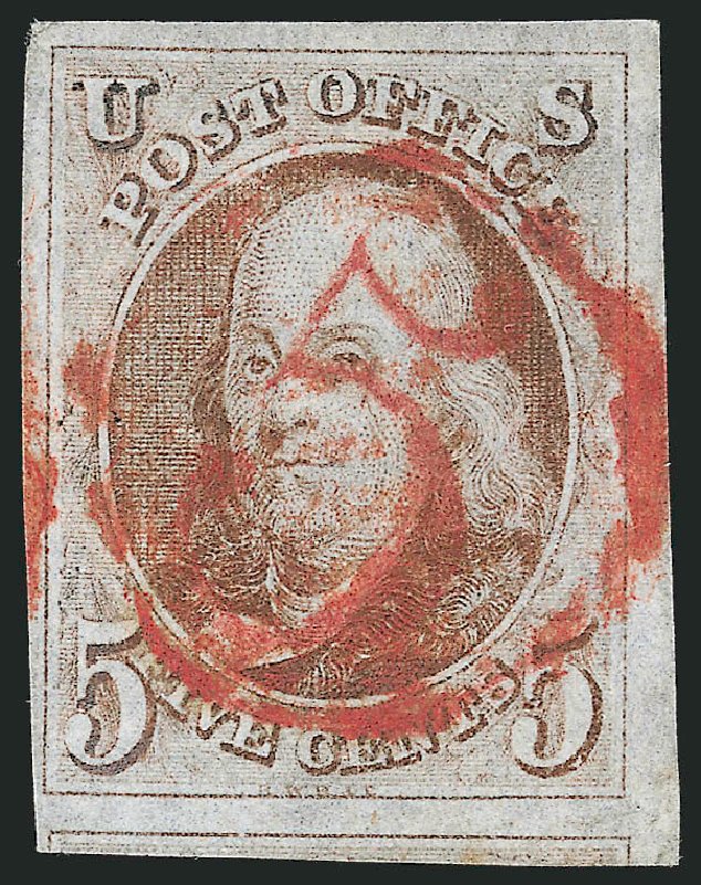 US Stamps Value Scott Catalogue #1 - 1847 5c Franklin. Robert Siegel Auction Galleries, Sep 2010, Sale 993, Lot 57