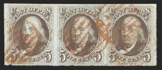 US Stamps Price Scott #1: 1847 5c Franklin. Spink Shreves Galleries, Jul 2012, Sale 140, Lot 17