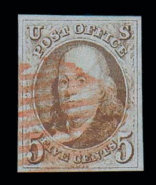 Value of US Stamp Scott 1: 1847 5c Franklin. Matthew Bennett International, Jun 2007, Sale 319, Lot 1018