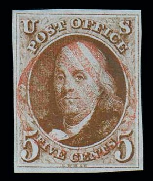 US Stamps Prices Scott Cat. 1 - 5c 1847 Franklin. Matthew Bennett International, Dec 2007, Sale 323, Lot 18